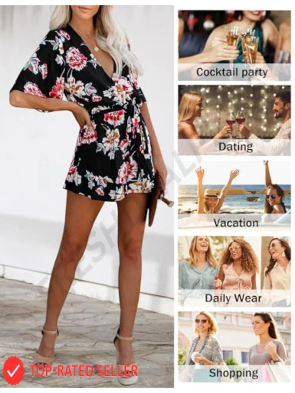 Women's Floral Romper V-Neck Flared Sleeve Tie Waist Ruffle Casual Jumpsuit